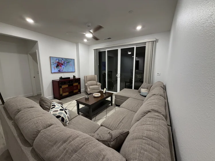 The sectional sofa in the downstairs living area.