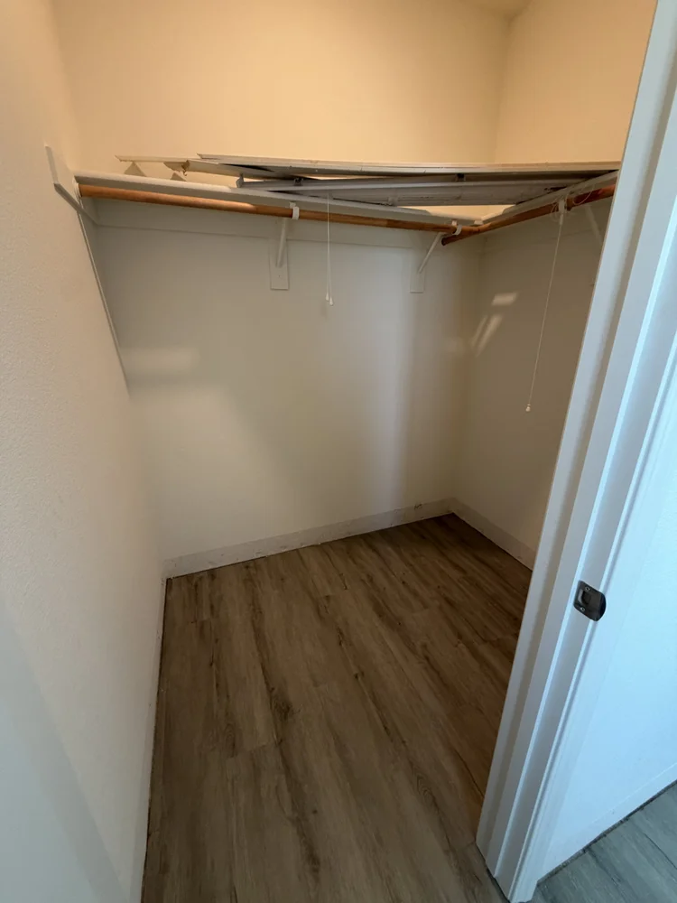 A walk-in closet with a hanging rod and a shelf.