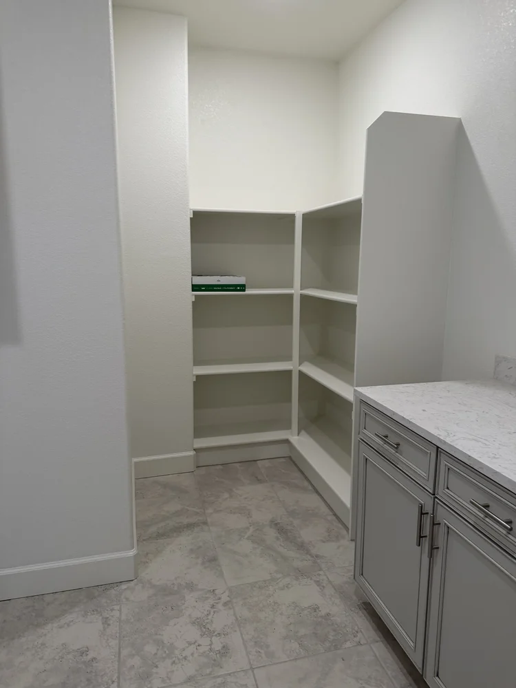 The walk-in pantry, with shelving on two walls.