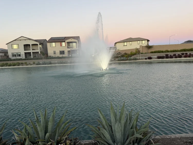 The neighborhood lake and fountain at dusk.