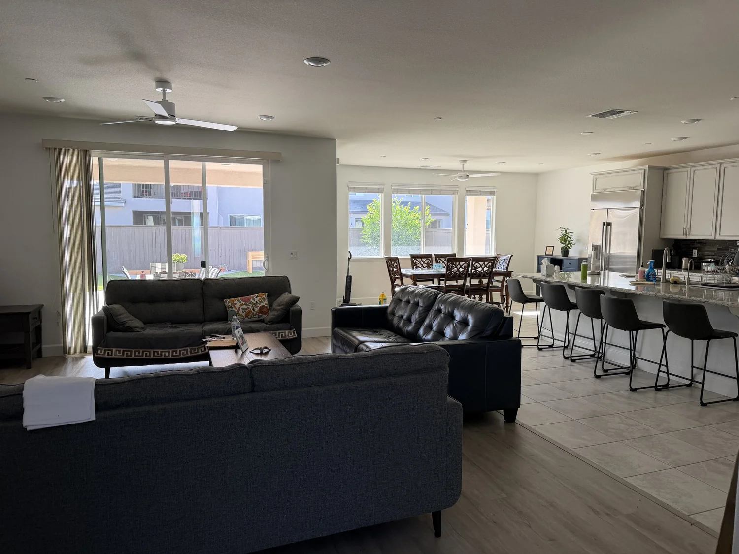 The shared living, dining and kitchen areas at Maa Ghar, open to one another.
